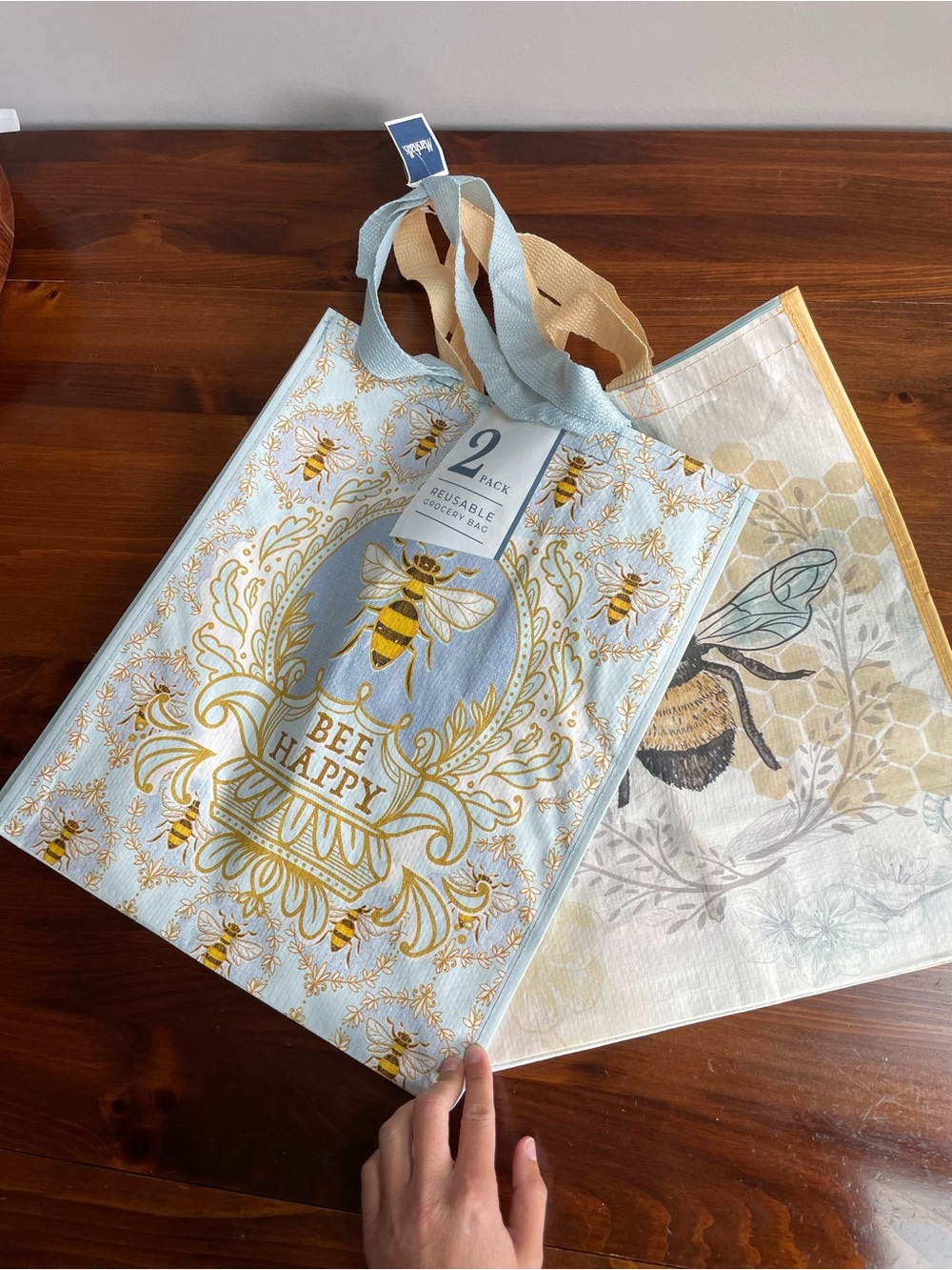 New Marshalls Bee Happy Reusable Tote Bags - Light Blue and Gold - 2 Pack